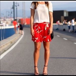 Zara Woman High Waist Red Crane Print Bermuda Shorts, size Large